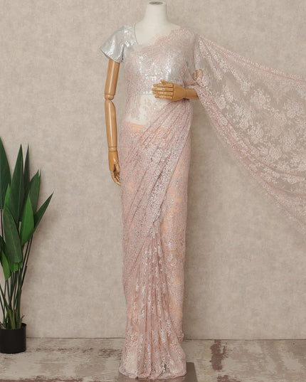 Blush Pink Premium French Metallic Chantilly Saree Lace With Stonework 5.5 Mtrs 110 Cms Width France-D27775