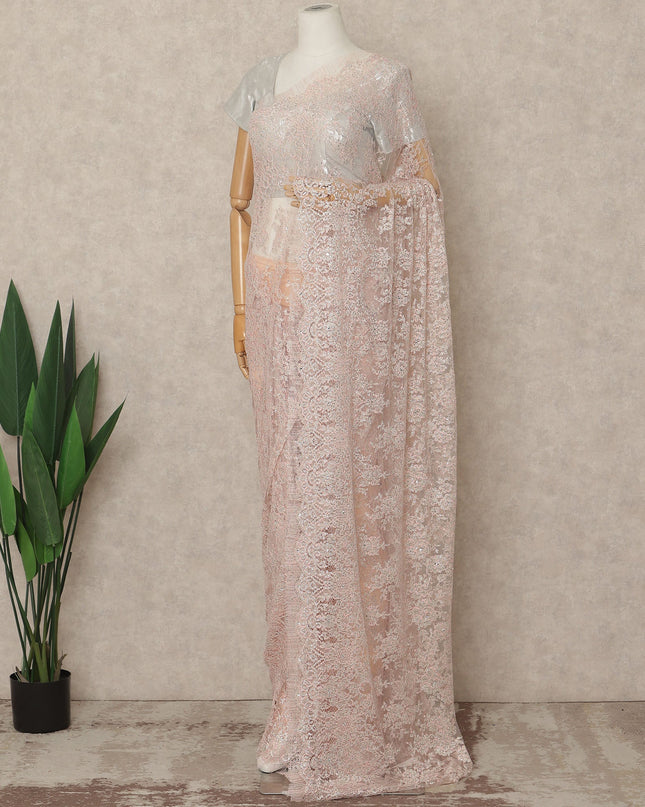 Blush Pink Premium French Metallic Chantilly Saree Lace With Stonework 5.5 Mtrs 110 Cms Width France-D27775