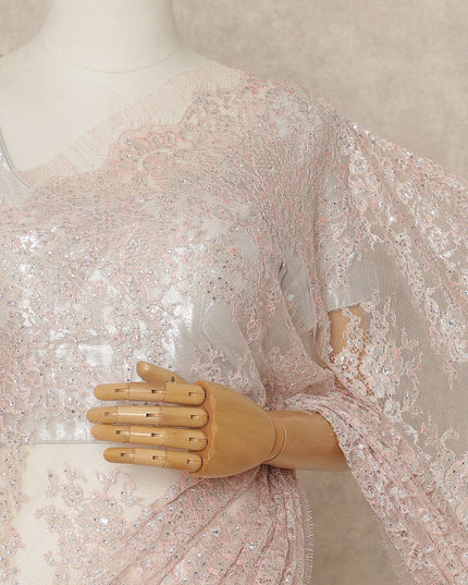 Blush Pink Premium French Metallic Chantilly Saree Lace With Stonework 5.5 Mtrs 110 Cms Width France-D27775