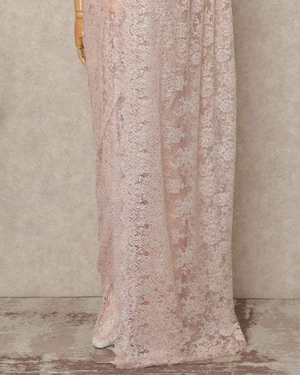 Blush Pink Premium French Metallic Chantilly Saree Lace With Stonework 5.5 Mtrs 110 Cms Width France-D27775