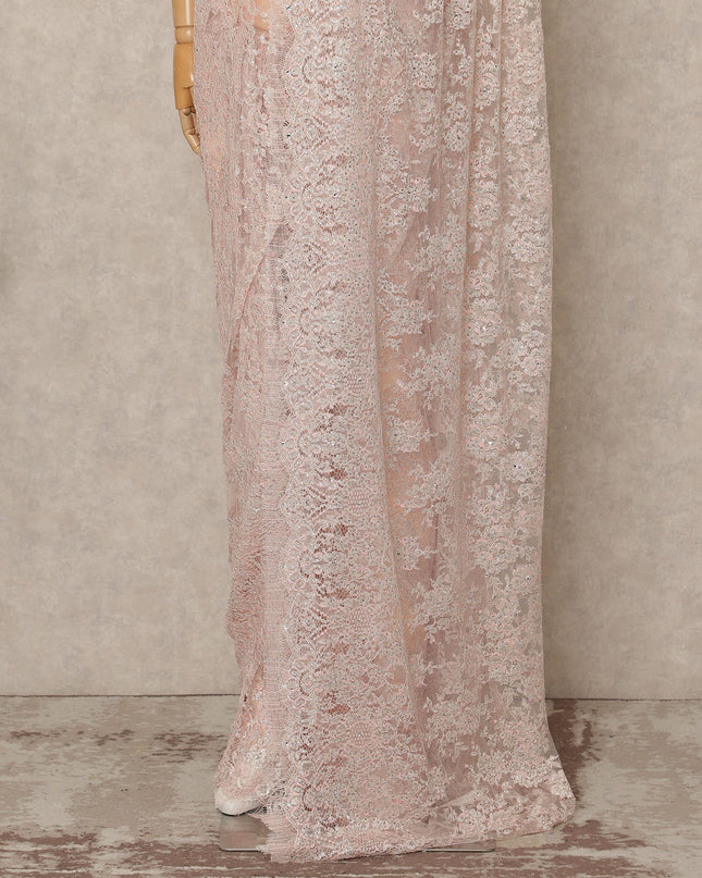 Blush Pink Premium French Metallic Chantilly Saree Lace With Stonework 5.5 Mtrs 110 Cms Width France-D27775