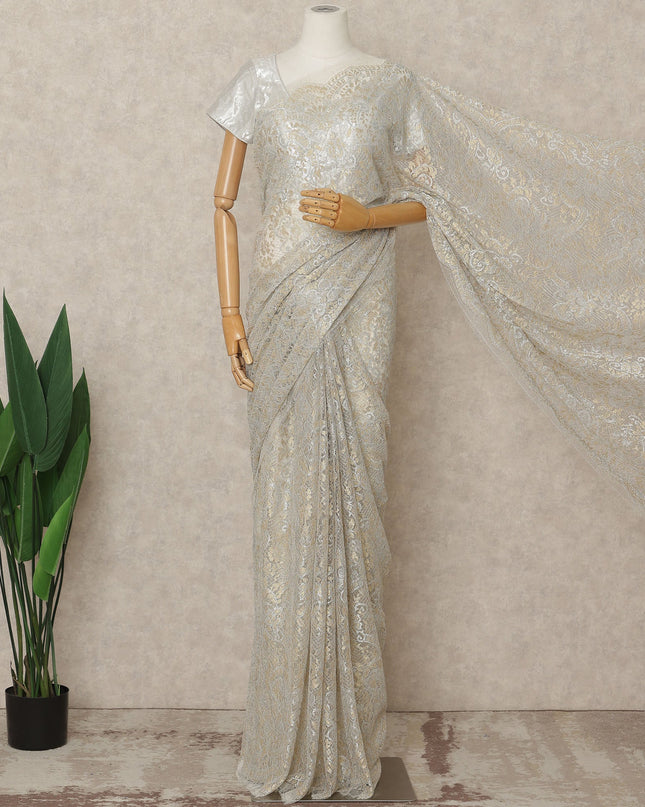 Champagne Gold Premium French Metallic Chantilly Lace Saree Fabric, 5.5 Mtrs Length, 110 Cms Width, Crafted in France – Soft Gold–Silver Shimmer Lace, Blouse Not Included-D26437