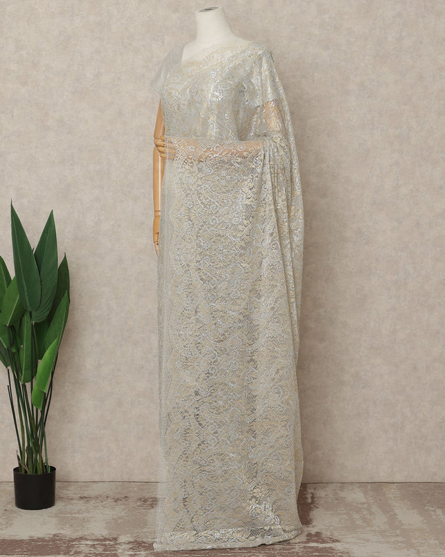 Champagne Gold Premium French Metallic Chantilly Lace Saree Fabric, 5.5 Mtrs Length, 110 Cms Width, Crafted in France – Soft Gold–Silver Shimmer Lace, Blouse Not Included-D26437