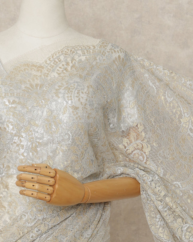 Champagne Gold Premium French Metallic Chantilly Lace Saree Fabric, 5.5 Mtrs Length, 110 Cms Width, Crafted in France – Soft Gold–Silver Shimmer Lace, Blouse Not Included-D26437