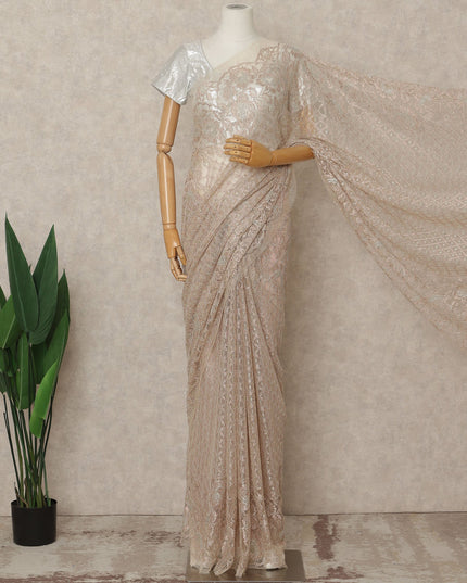 Rose Gold Premium French Metallic Chantilly Saree Lace Fabric, 5.5 Mtrs Length & 110 Cms Width, Made in France – Luxury Rose Gold Floral Designer Lace, Blouse Not Included-D26440