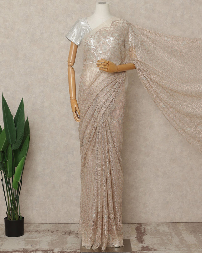 Rose Gold Premium French Metallic Chantilly Saree Lace Fabric, 5.5 Mtrs Length & 110 Cms Width, Made in France – Luxury Rose Gold Floral Designer Lace, Blouse Not Included-D26440