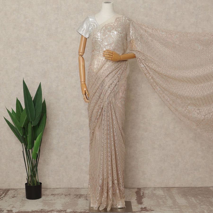 Rose Gold Premium French Metallic Chantilly Saree Lace Fabric, 5.5 Mtrs Length & 110 Cms Width, Made in France – Luxury Rose Gold Floral Designer Lace, Blouse Not Included-D26440