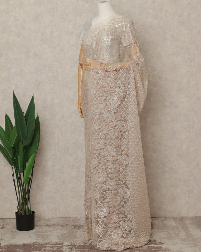 Rose Gold Premium French Metallic Chantilly Saree Lace Fabric, 5.5 Mtrs Length & 110 Cms Width, Made in France – Luxury Rose Gold Floral Designer Lace, Blouse Not Included-D26440