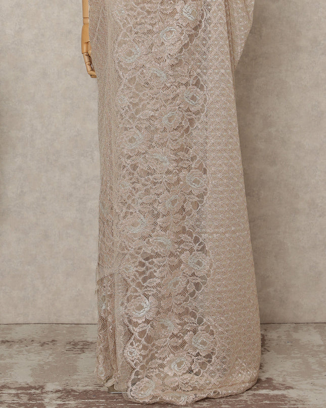 Rose Gold Premium French Metallic Chantilly Saree Lace Fabric, 5.5 Mtrs Length & 110 Cms Width, Made in France – Luxury Rose Gold Floral Designer Lace, Blouse Not Included-D26440