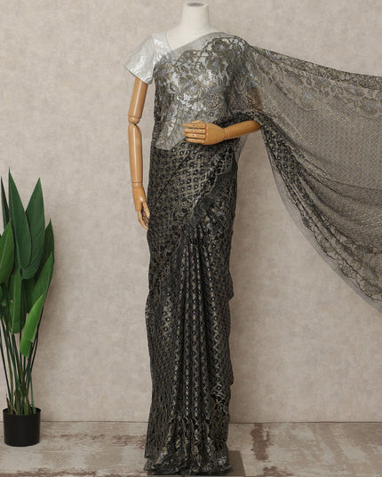 Antique Black Premium French Metallic Chantilly Saree Lace Fabric, 5.5 Mtrs Length & 110 Cms Width, Made in France – Luxury Antique Black Floral Lace, Blouse Not Included-D26441