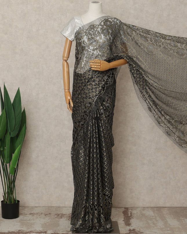 Antique Black Premium French Metallic Chantilly Saree Lace Fabric, 5.5 Mtrs Length & 110 Cms Width, Made in France – Luxury Antique Black Floral Lace, Blouse Not Included-D26441