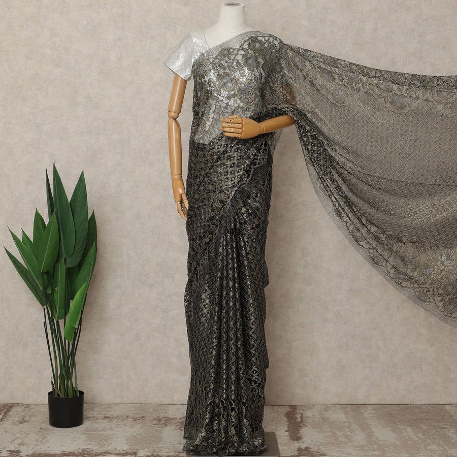 Antique Black Premium French Metallic Chantilly Saree Lace Fabric, 5.5 Mtrs Length & 110 Cms Width, Made in France – Luxury Antique Black Floral Lace, Blouse Not Included-D26441