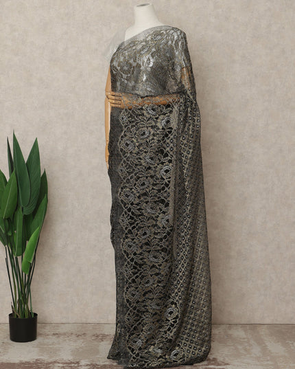 Antique Black Premium French Metallic Chantilly Saree Lace Fabric, 5.5 Mtrs Length & 110 Cms Width, Made in France – Luxury Antique Black Floral Lace, Blouse Not Included-D26441