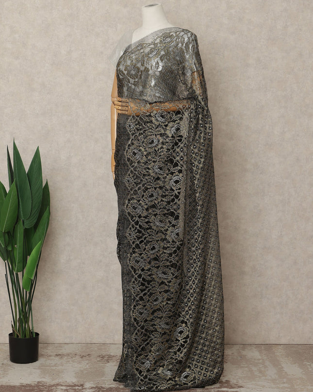 Antique Black Premium French Metallic Chantilly Saree Lace Fabric, 5.5 Mtrs Length & 110 Cms Width, Made in France – Luxury Antique Black Floral Lace, Blouse Not Included-D26441