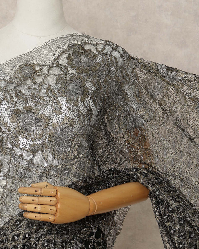 Antique Black Premium French Metallic Chantilly Saree Lace Fabric, 5.5 Mtrs Length & 110 Cms Width, Made in France – Luxury Antique Black Floral Lace, Blouse Not Included-D26441