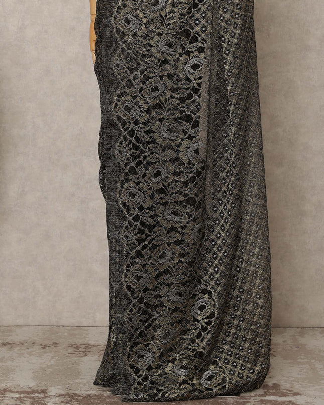 Antique Black Premium French Metallic Chantilly Saree Lace Fabric, 5.5 Mtrs Length & 110 Cms Width, Made in France – Luxury Antique Black Floral Lace, Blouse Not Included-D26441