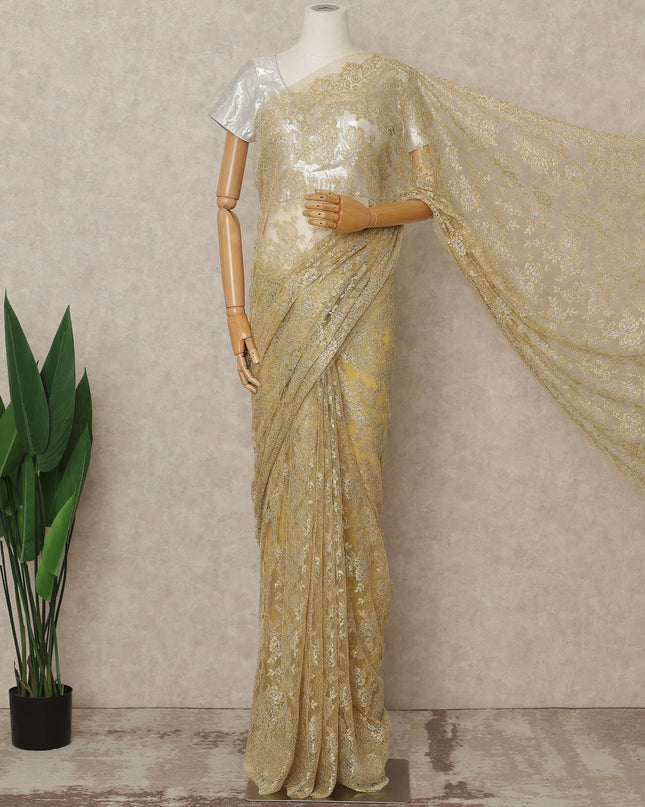 Golden Premium French Metallic Chantilly Saree Lace Fabric, 5.5 Mtrs Length & 110 Cms Width, Made in France – Luxury Gold Floral Lace, Blouse Not Included-D26439 Regal Fabrics