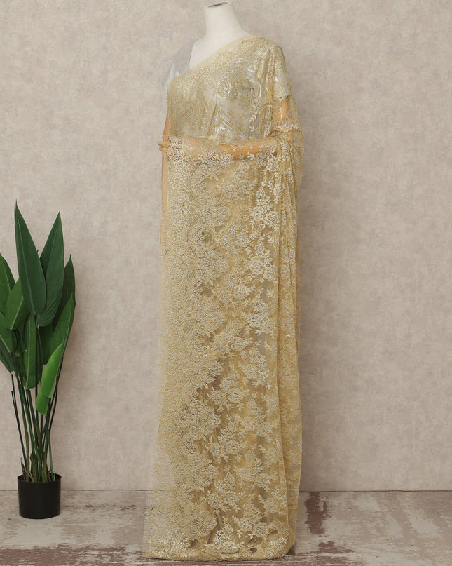 Golden Premium French Metallic Chantilly Saree Lace Fabric, 5.5 Mtrs Length & 110 Cms Width, Made in France – Luxury Gold Floral Lace, Blouse Not Included-D26439 Regal Fabrics