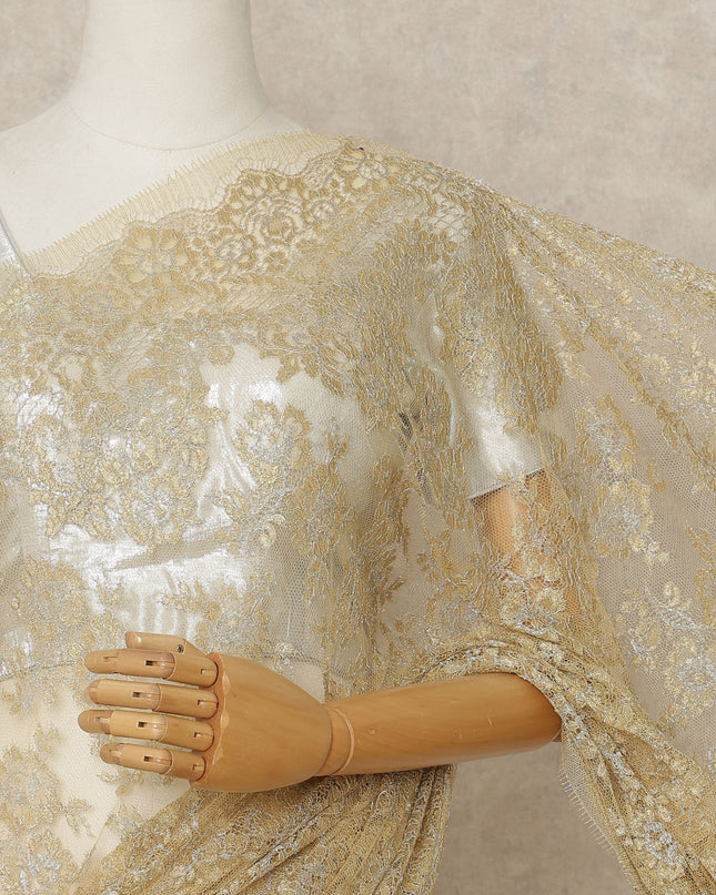 Golden Premium French Metallic Chantilly Saree Lace Fabric, 5.5 Mtrs Length & 110 Cms Width, Made in France – Luxury Gold Floral Lace, Blouse Not Included-D26439 Regal Fabrics