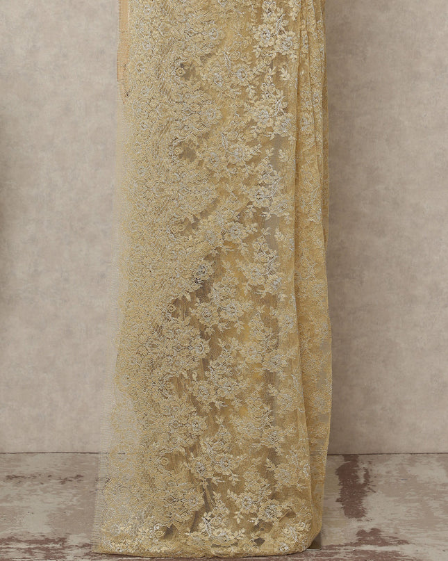 Golden Premium French Metallic Chantilly Saree Lace Fabric, 5.5 Mtrs Length & 110 Cms Width, Made in France – Luxury Gold Floral Lace, Blouse Not Included-D26439 Regal Fabrics