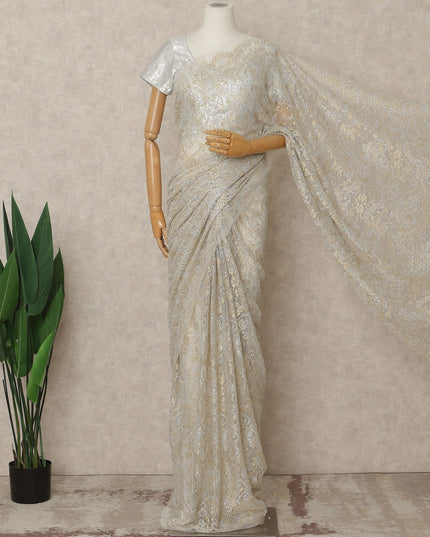 Gold Champagne Premium French Metallic Chantilly Lace Saree Fabric, 5.5 Mtrs Length, 110 Cms Width, Crafted in France – Luxury Gold Shimmer Lace, Blouse Not Included-D26438