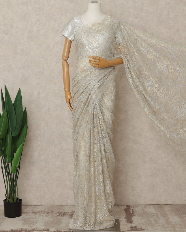 Gold Champagne Premium French Metallic Chantilly Lace Saree Fabric, 5.5 Mtrs Length, 110 Cms Width, Crafted in France – Luxury Gold Shimmer Lace, Blouse Not Included-D26438