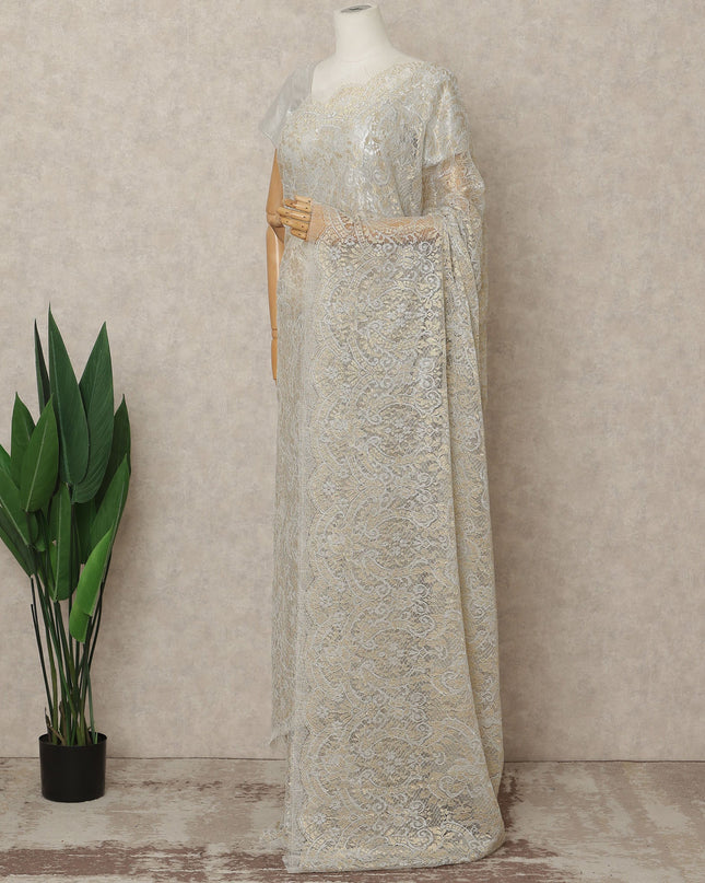 Gold Champagne Premium French Metallic Chantilly Lace Saree Fabric, 5.5 Mtrs Length, 110 Cms Width, Crafted in France – Luxury Gold Shimmer Lace, Blouse Not Included-D26438