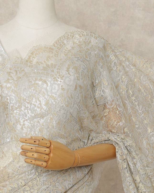 Gold Champagne Premium French Metallic Chantilly Lace Saree Fabric, 5.5 Mtrs Length, 110 Cms Width, Crafted in France – Luxury Gold Shimmer Lace, Blouse Not Included-D26438