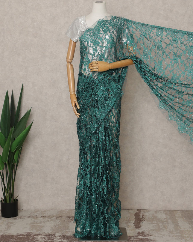 Emerald Blue Premium French 2-Tone Chantilly Lace Saree with Stone Work, Width 110 Cms, 5.5 Mtrs, France-D25561