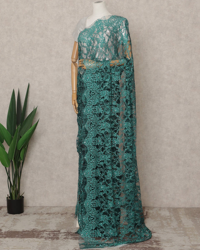 Emerald Blue Premium French 2-Tone Chantilly Lace Saree with Stone Work, Width 110 Cms, 5.5 Mtrs, France-D25561