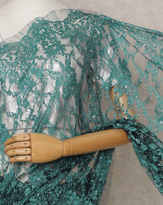 Emerald Blue Premium French 2-Tone Chantilly Lace Saree with Stone Work, Width 110 Cms, 5.5 Mtrs, France-D25561