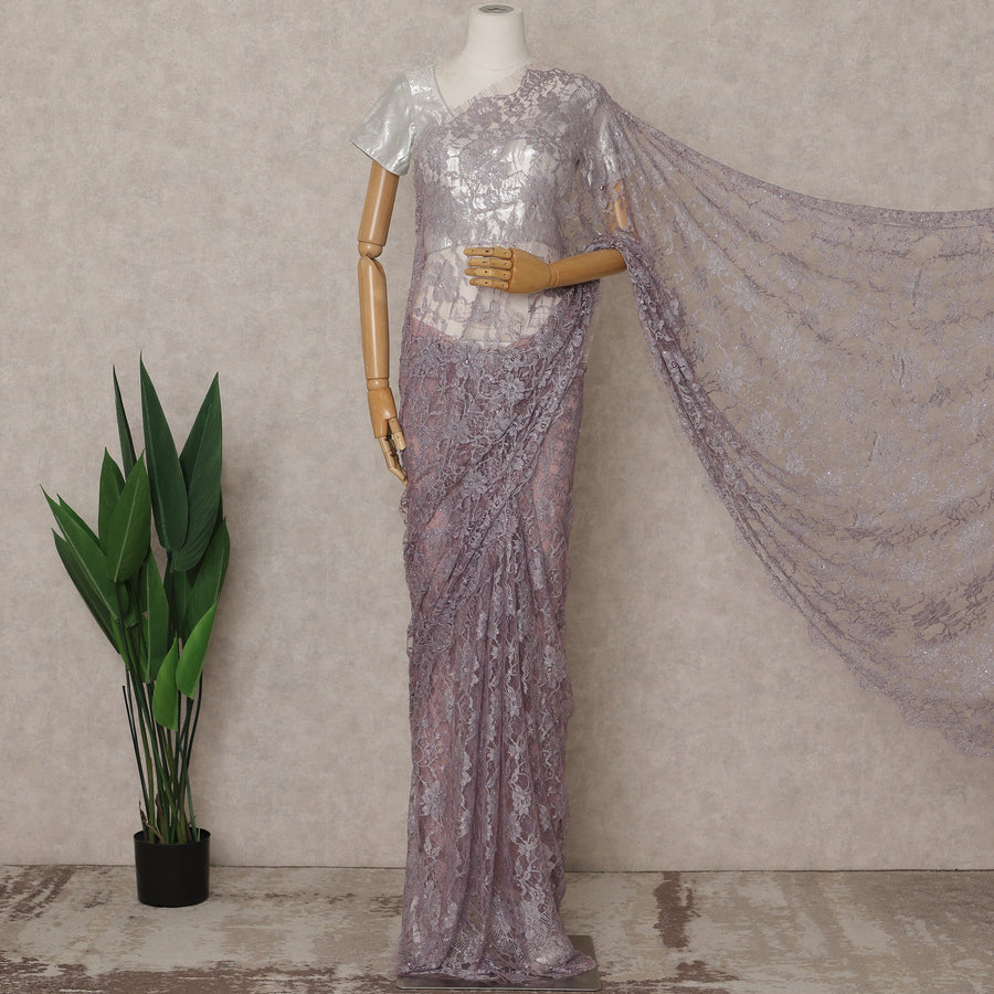 Lavender Lilac Premium French Chantilly Lace Saree with Stone Work – 5.5 Meters Fabric Length, Width 110 cm, Imported from France  & Blouse Not Included-D26591 Regal Fabrics