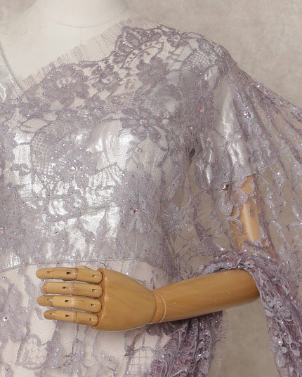 Lavender Lilac Premium French Chantilly Lace Saree with Stone Work – 5.5 Meters Fabric Length, Width 110 cm, Imported from France  & Blouse Not Included-D26591 Regal Fabrics