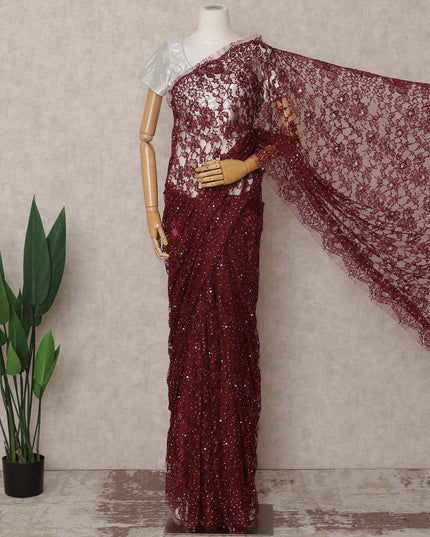 Maroon Premium French 2-Tone Chantilly Lace Saree with Stonework, 5.5 Mtrs with 110 Cms Width, Imported from France-D25423
