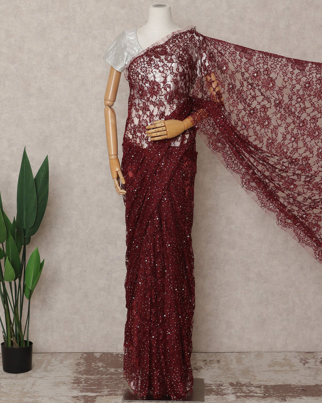 Maroon Premium French 2-Tone Chantilly Lace Saree with Stonework, 5.5 Mtrs with 110 Cms Width, Imported from France-D25423