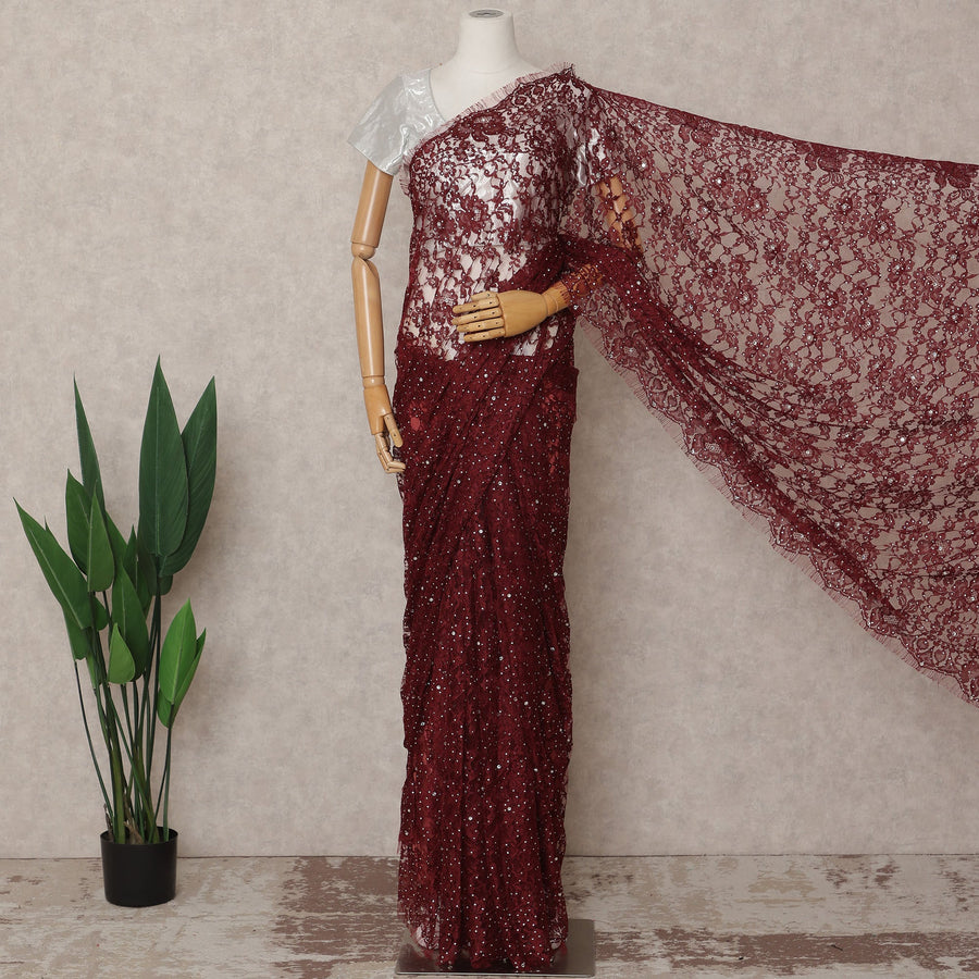 Maroon Premium French 2-Tone Chantilly Lace Saree with Stonework, 5.5 Mtrs with 110 Cms Width, Imported from France-D25423