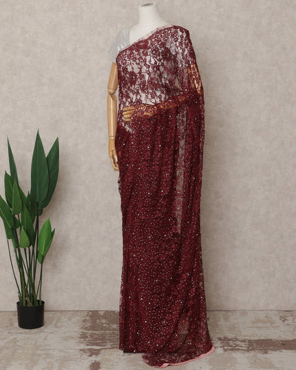 Maroon Premium French 2-Tone Chantilly Lace Saree with Stonework, 5.5 Mtrs with 110 Cms Width, Imported from France-D25423