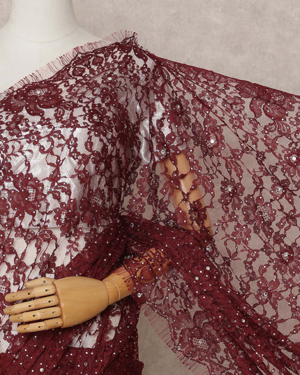 Maroon Premium French 2-Tone Chantilly Lace Saree with Stonework, 5.5 Mtrs with 110 Cms Width, Imported from France-D25423
