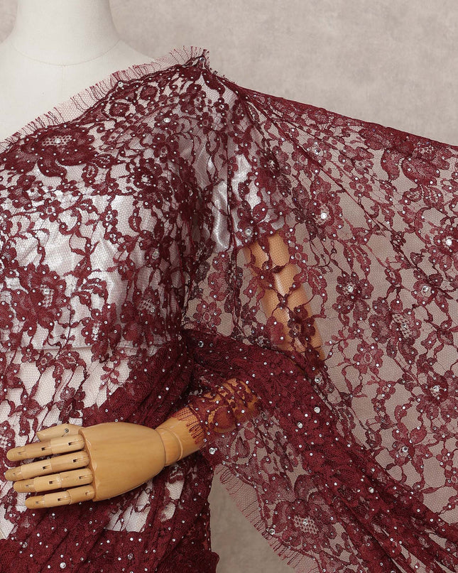 Maroon Premium French 2-Tone Chantilly Lace Saree with Stonework, 5.5 Mtrs with 110 Cms Width, Imported from France-D25423