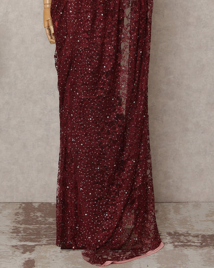 Maroon Premium French 2-Tone Chantilly Lace Saree with Stonework, 5.5 Mtrs with 110 Cms Width, Imported from France-D25423