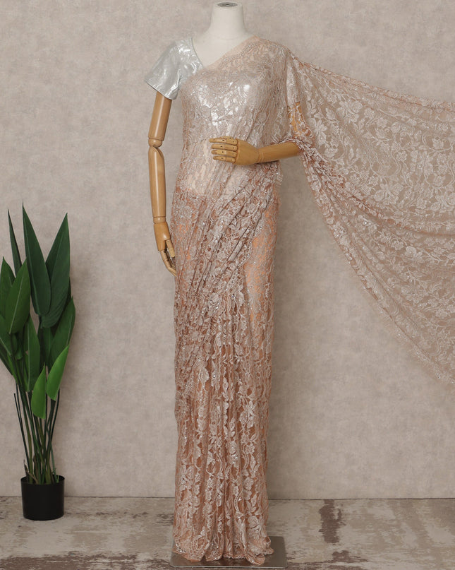 Blush Rose Premium French Chantilly Lace Saree with Stone Work – 5.5 Meters Fabric Length, Width 110 cm, Imported from France  & Blouse Not Included-D26586