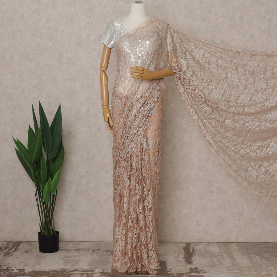 Blush Rose Premium French Chantilly Lace Saree with Stone Work – 5.5 Meters Fabric Length, Width 110 cm, Imported from France  & Blouse Not Included-D26586