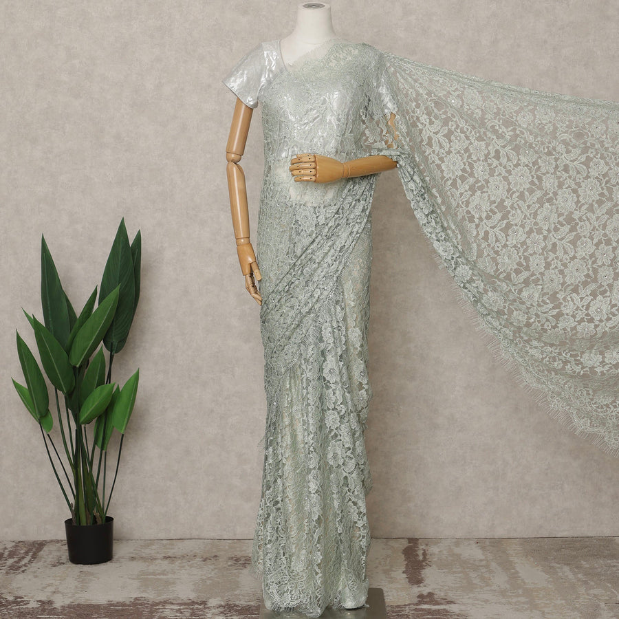 Mint Green Premium French 2Tone Chantilly Lace Saree with Stone Work, Width 110 Cms, 5.5 Mtrs, France-D25587