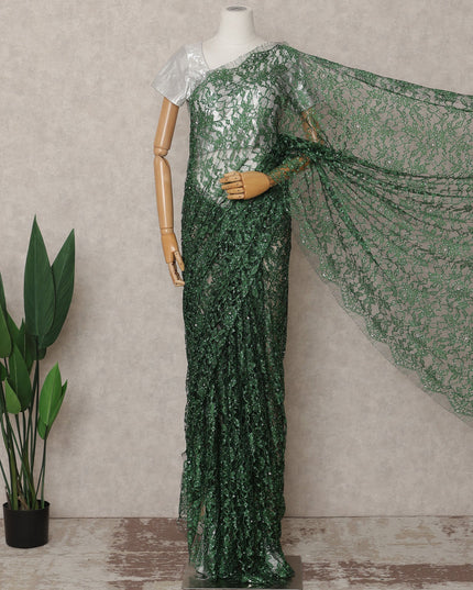 Bottle Green Premium French 2-Tone Chantilly Lace Saree with Stonework, 5.5 Mtrs with 110 Cms Width, Imported from France-D25426