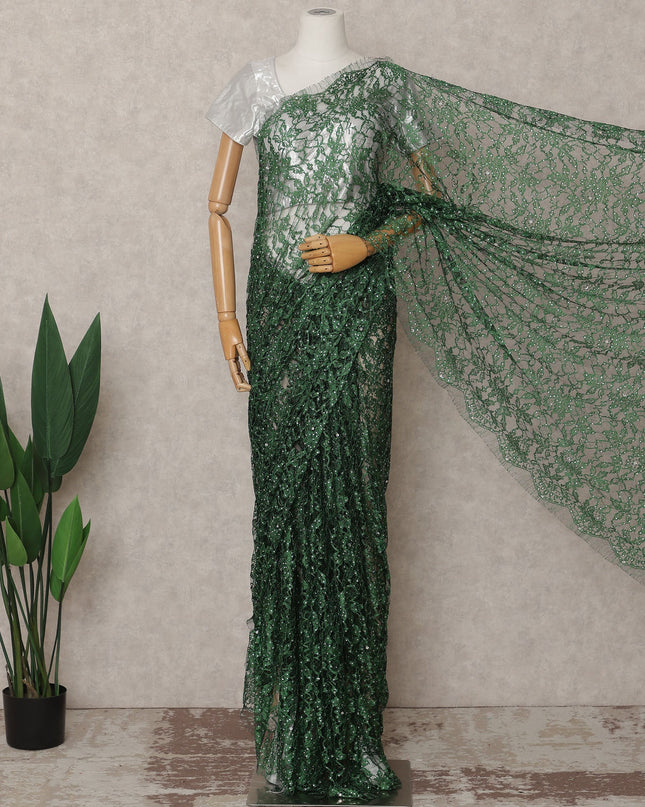 Bottle Green Premium French 2-Tone Chantilly Lace Saree with Stonework, 5.5 Mtrs with 110 Cms Width, Imported from France-D25426