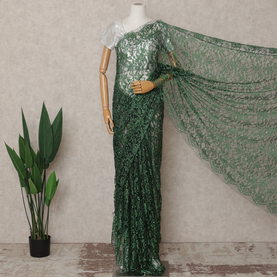 Bottle Green Premium French 2-Tone Chantilly Lace Saree with Stonework, 5.5 Mtrs with 110 Cms Width, Imported from France-D25426