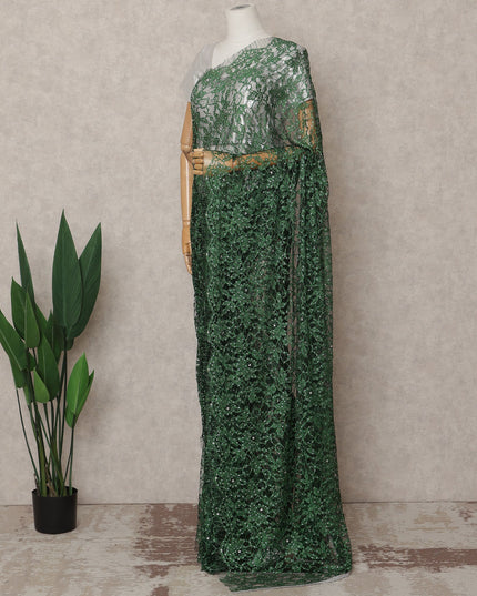 Bottle Green Premium French 2-Tone Chantilly Lace Saree with Stonework, 5.5 Mtrs with 110 Cms Width, Imported from France-D25426