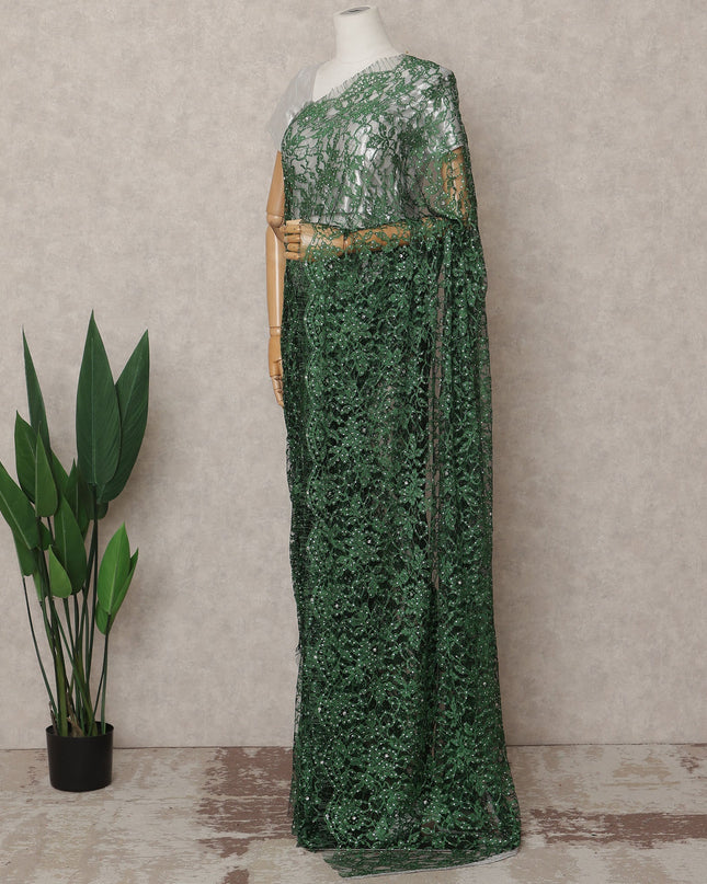 Bottle Green Premium French 2-Tone Chantilly Lace Saree with Stonework, 5.5 Mtrs with 110 Cms Width, Imported from France-D25426