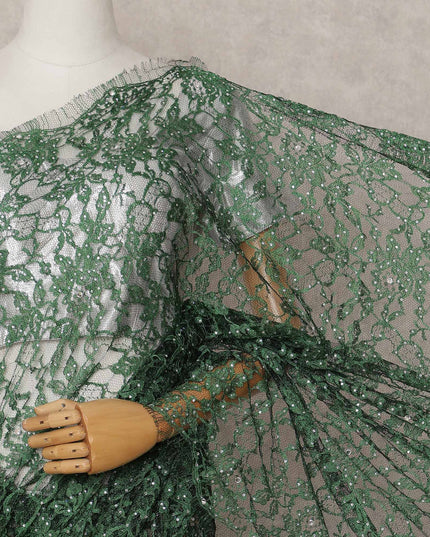 Bottle Green Premium French 2-Tone Chantilly Lace Saree with Stonework, 5.5 Mtrs with 110 Cms Width, Imported from France-D25426