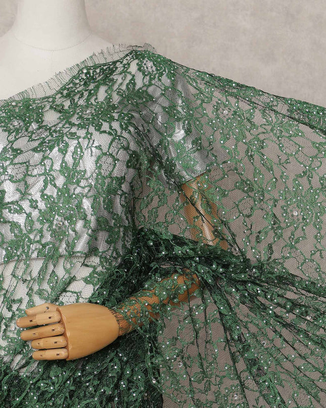 Bottle Green Premium French 2-Tone Chantilly Lace Saree with Stonework, 5.5 Mtrs with 110 Cms Width, Imported from France-D25426
